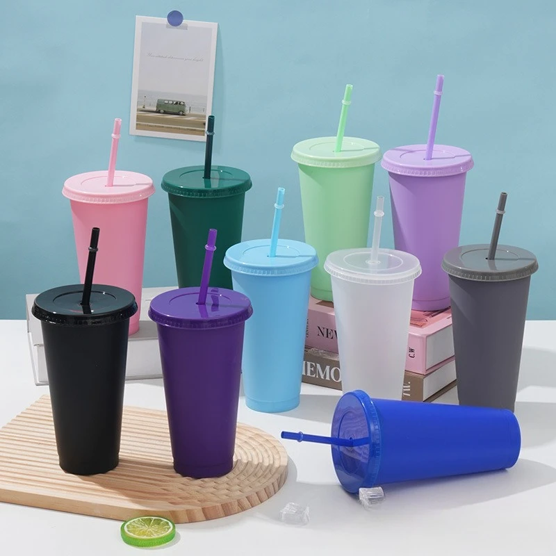 5er-Pack wiederverwendbare Kunststoffbecher mit Deckel und Strohhalmen, 24 Unzen, auslaufsichere Becher für Eiskaffee, kalte Getränke, Reisen, Büro, Party Image