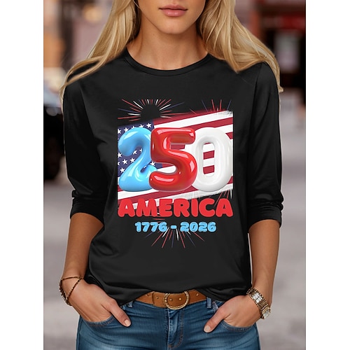 Unabhängigkeitstag Amerikanisches 250. Jubiläum Patriotic Shirt Damen T-Shirt Grafik USA Flagge Mode Stilvoll Klassisch Langarm Rundhalsausschnitt Täglicher Wochenenddruck Blau Schwarz Weiß Rot Image