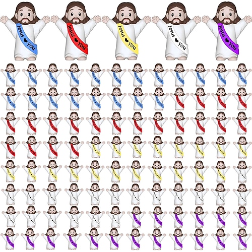 50/100 Stück kleine Jesusfiguren, Mini-Jesusfiguren, Ostergeschenk, winzige Statuen zum Befüllen von Ostereiern, religiöse Geschenke, Partys, Taufgeschenke, mehrfarbige Miniaturdekorationen, Versteckspielfiguren Image