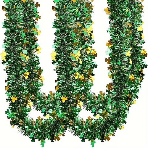 8 m lange Lametta-Girlande zum St. Patrick's Day (4-teilig, insgesamt 8 m), kleeblattgrün Dekoration aus Goldfolie, irisches Festival, Heimdekoration Image
