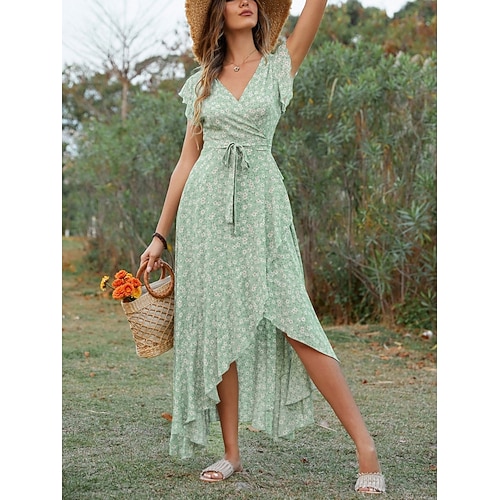 Damen Midikleid A Linie Kleid Urlaub Lässig Outdoor Ausgehen Normale Passform Blumen Kurzarm V Ausschnitt Marineblau Grün Sommer Frühling Image