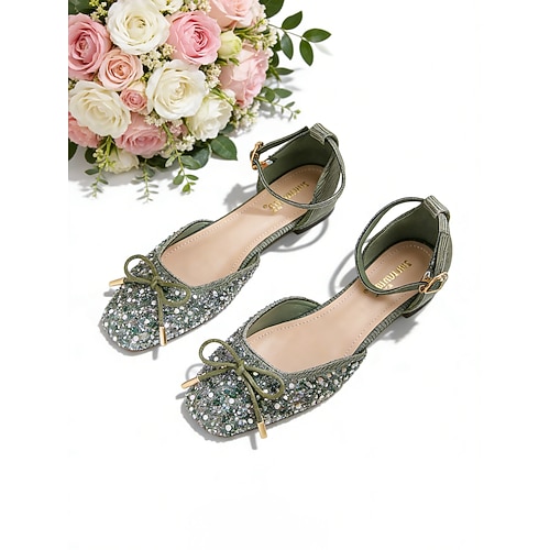 Rosa Strass-Ballerinas für Damen – glitzernde Schleifen-Ballerinas mit Knöchelriemen und niedrigem Absatz, ideal für Brautjungfern und den Garten. Rasenhochzeit Image