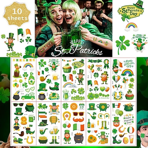 10 Bögen temporäre Tattoos zum St. Patrick's Day, irische Partyaufkleber für Festivals, Feiertage und Feiern Image