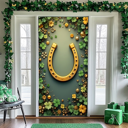 St. Patricks Day Poster Türabdeckung Banner für den Außenbereich Grüner Hut Kleeblatt Niedlich 3D Party Wohnheim Jugendzimmer Studentenwohnheim Jungs, Männerhöhle, Studentenwohnheim Hintergründe Image