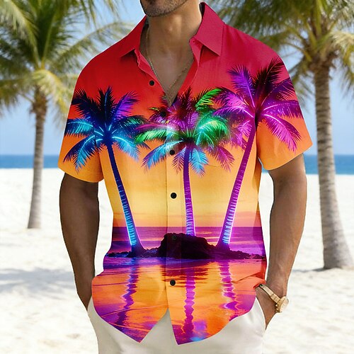 Herren Kokospalme Landschaft Tropische Pflanzen Hemd Hawaiihemden Alohahemd Kurzarm Hawaiianisch Urlaub Ferien Sommer Umlegekragen 3D-Druck Eine Tasche vorne Leinenähnliches Hemd Rote Purpur Grün Image