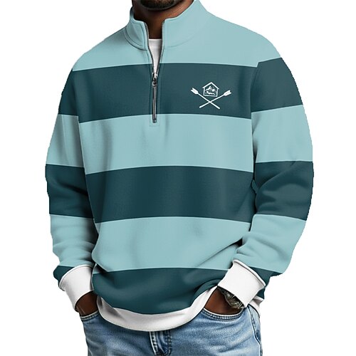 Herren Horizontale Streifen Poloshirts mit Reißverschluss Langarm Polo-Shirts Großvaterkragen Lässig Schule Athleisure Ferien Alltagskleidung 3D-Druck Viertelreißverschluss-Poloshirt Frühling Herbst Image