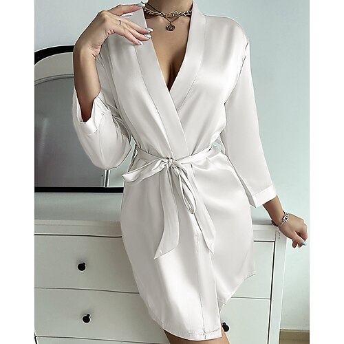 Damen Nachthemd Lässig Weich Satin Einfarbig Schnürung Täglich Heim Bett Langarm V Ausschnitt Schwarz Weiß Champagner Rosa Rote Sommer Lässiger Schnitt Image