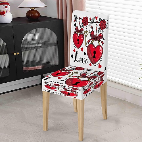 Valentinstag-Stuhlhusse aus Stretchmaterial, schwarz-weiß kariert, mit Herz- und Schleifenmotiv, waschbar, für Esszimmer, Küche, Wohnzimmer, Restaurant oder andere Winterdekoration, 1/4/6 Stück Image
