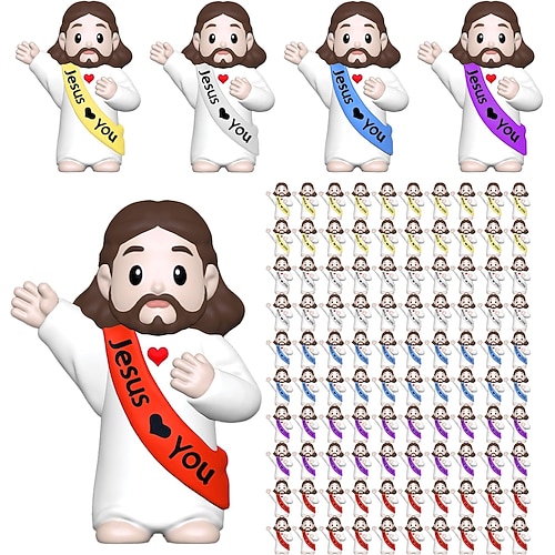 50/100 Stück kleine Jesusfiguren, Mini-Jesusfiguren, Ostergeschenk, winzige Statuen zum Befüllen von Ostereiern, religiöse Geschenke, Partys, Taufgeschenke, mehrfarbige Miniaturdekorationen, Versteckspielfiguren Image
