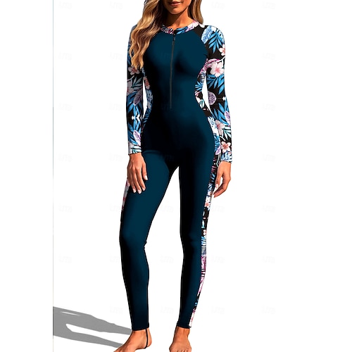 Damen Anti UV Shirt Ganzkörper-Rashguard Einteiliger Surfanzug Blumenmuster Tropisch Reißverschluss mit integriertem BH Frontreißverschluss UV-Sonnenschutz vollständige Bedeckung UPF50 Langarm Image
