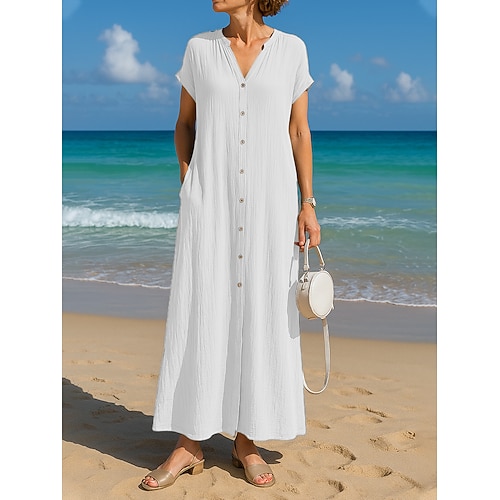Frauen Baumwolle Leinen Maxi Kleid A-Linien Kleid Sommer Kleid Lässig Täglich Lockerer Sitz Einfarbig Kurzarm V-Ausschnitt Blau Schwarz Weiß Kamel Sommer Image