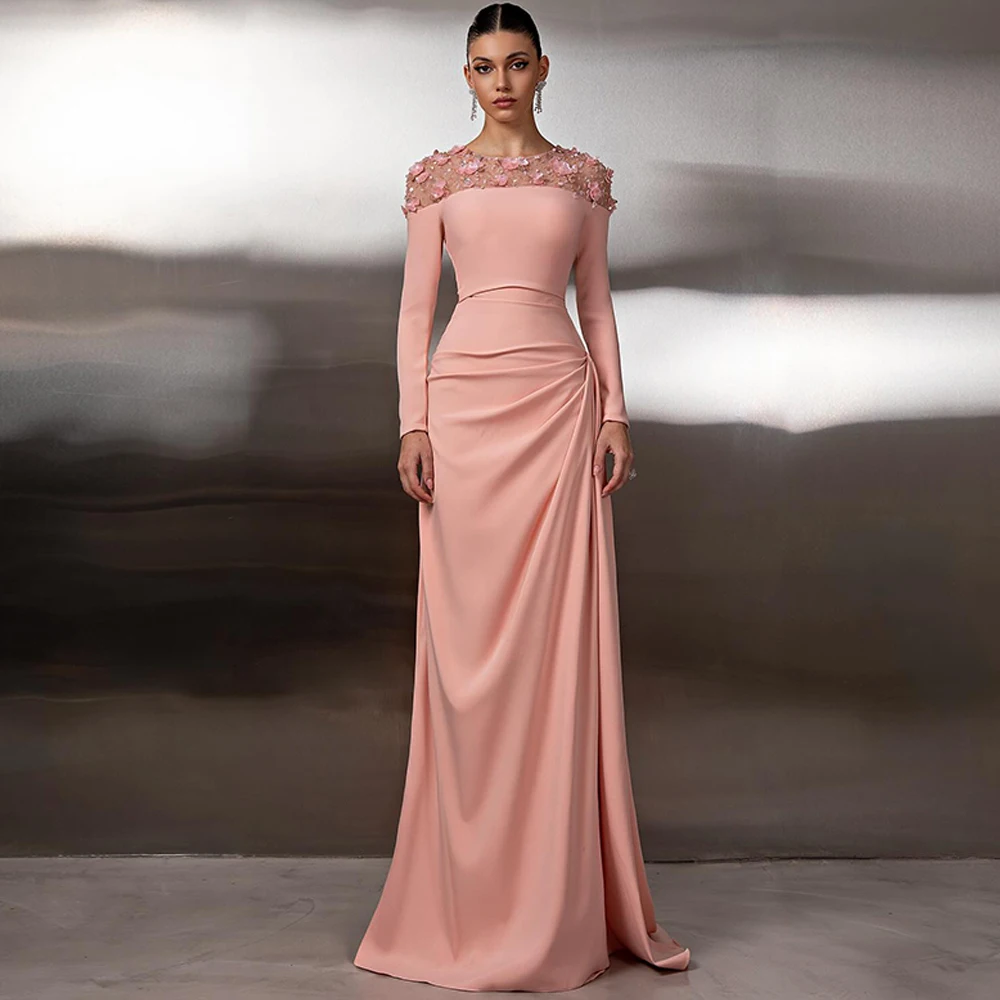 Exquisites Jersey-Abendkleid, zartes O-Ausschnitt-Abschlussballkleid mit langen Ärmeln, zarte 3D-Blumen, maßgeschneiderte Kleider für besondere Anlässe Image