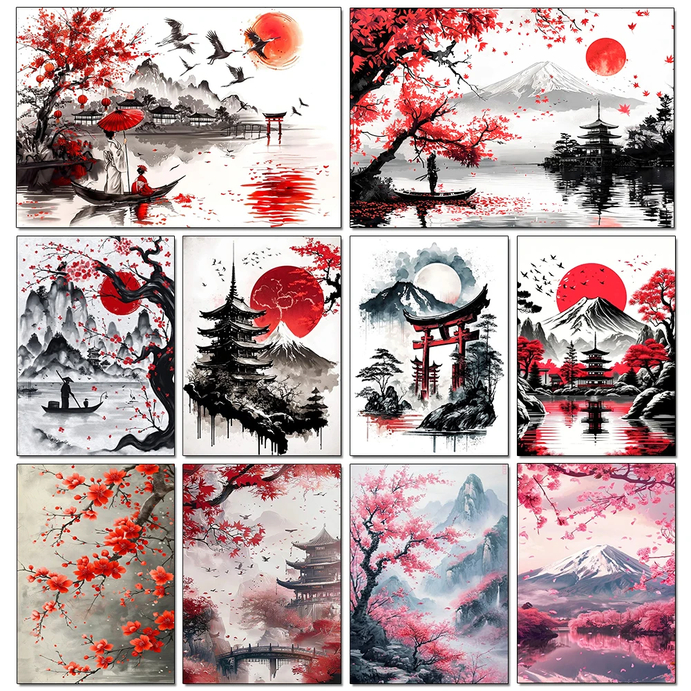 5D Diamant Malerei japanische Landschaft Tuschemalerei voller Diamant Mosaik Strass Stickerei Sakura Kunst Kreuzstich Home Decor Image