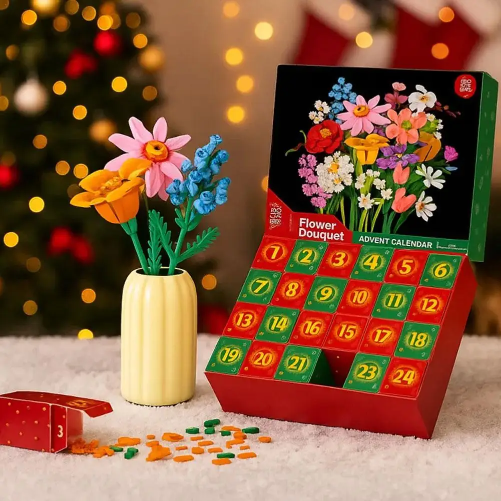 Blumenstrauß Adventskalender 24 Tage Bausteine mit 24 Blumen Arten für Erwachsene Kinder Weihnachten Urlaub DIY Geschenke