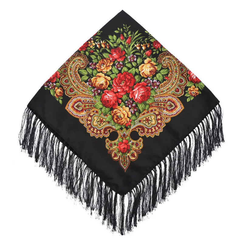 Russischen Nationalen Stil Quadrat Schal Schal Weiblichen Fransen Blumen Druck Schals Dame Kopf Wraps Foulard Femme Hijab Schals Image