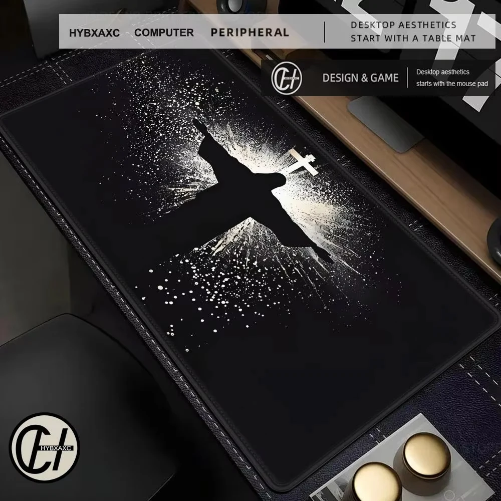 XXL-Gaming-Mauspad mit Jesus und Kreuz, groß, rutschfeste Gummiunterseite, Schreibtischunterlage, Büro, Gläubiges Geschenk, religiöses Kunst-Design, Tastatur-Pad Image