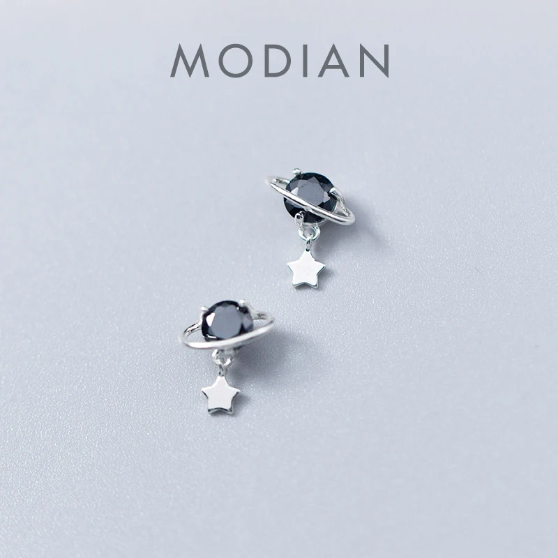 MODIAN Neuer schwarzer Kristall-Planeten-Ohrstecker für Damen, authentisches 925er-Sterlingsilber, Sternenhimmel-Ohrstecker, koreanischer Stil, edler Schmuck Image
