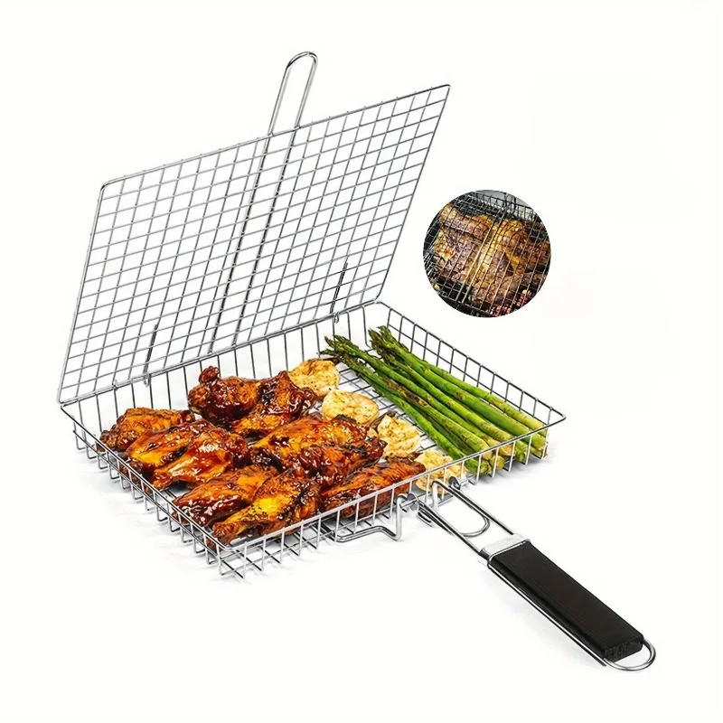 Grill Grillen Wiederverwendbare Fleisch Fisch Clip Halter Holzgriff Metall Grill Mesh Faltbare BBQ Grill Matte Grillen Korb Image