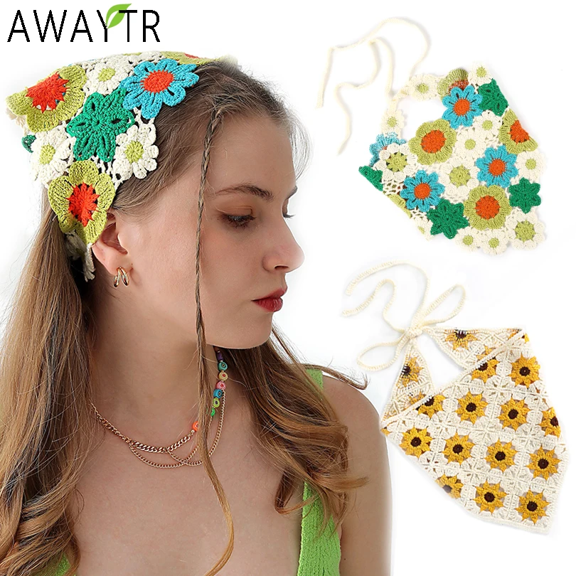 Häkeln Blumen haar Schal Stirnband Bandana Haarband für Frauen Gänseblümchen Stricken Dreieck Schal Turban Stirnbänder Haarschmuck Image