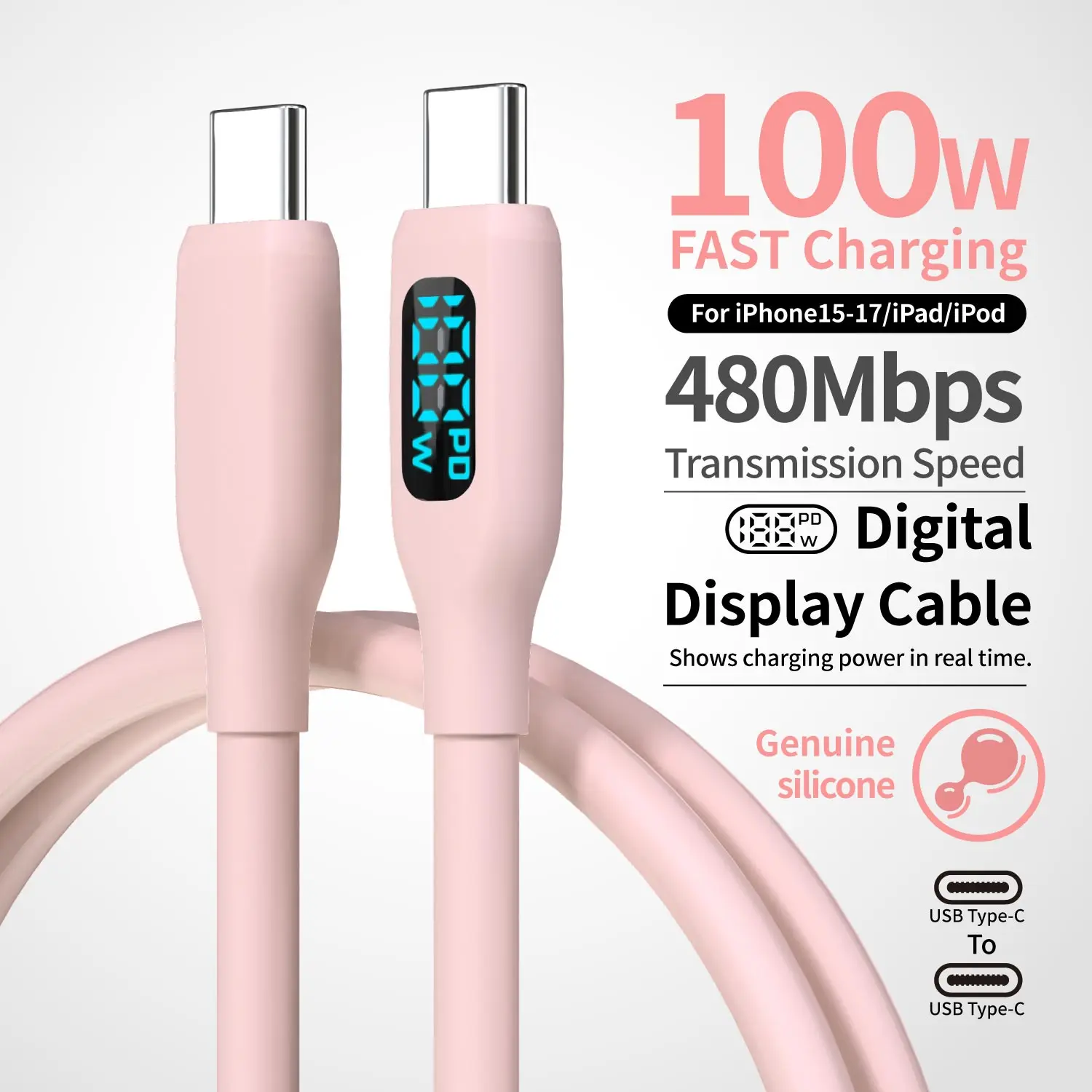 100 W USB-C-Schnellladekabel, superflexibles Silikon-Ladekabel, rosa, für Telefon, Tablet, Laptop Image