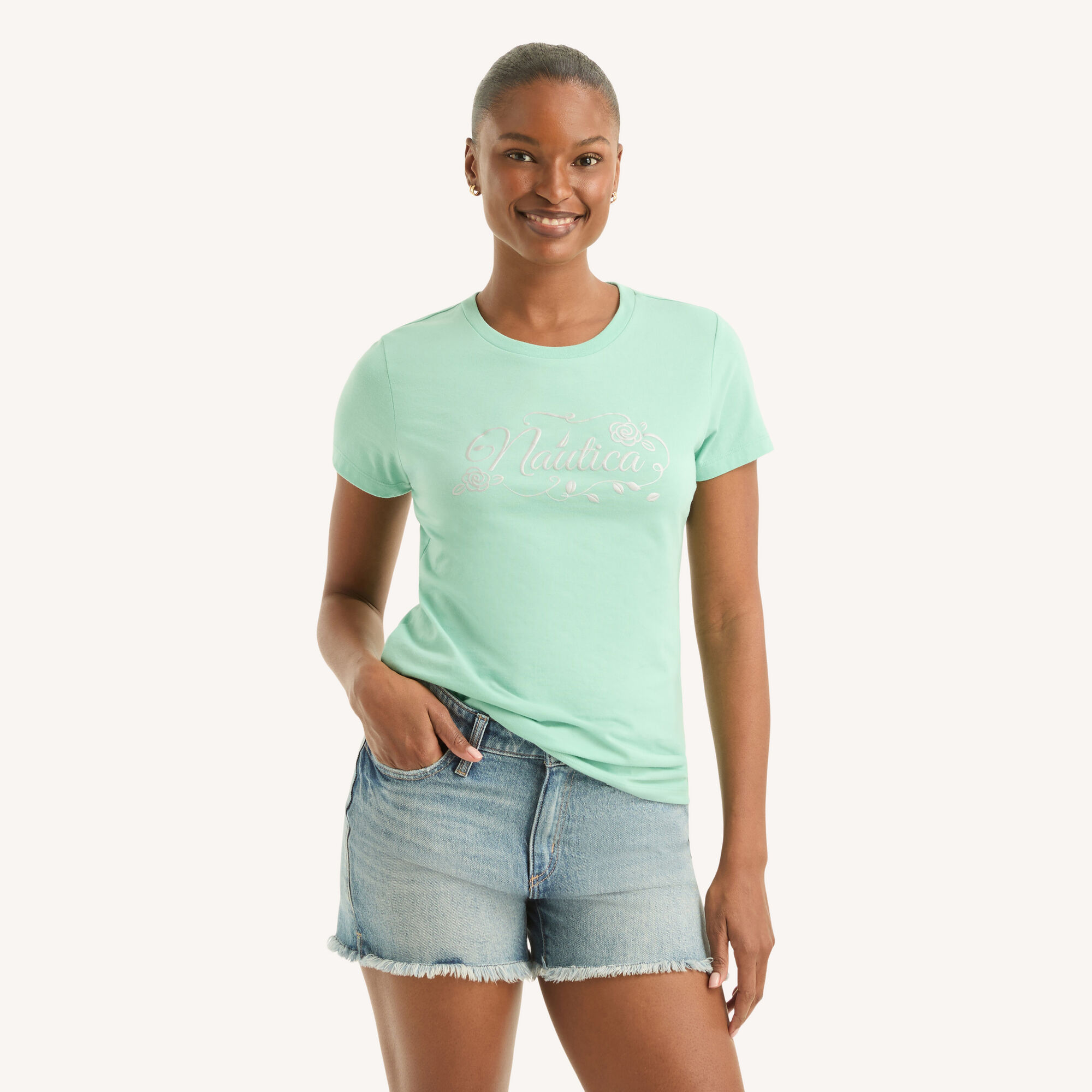 Nautica Women's Script Logo Metallic Puff Graphic T-Shirt 344 (Dusty Neptune), S