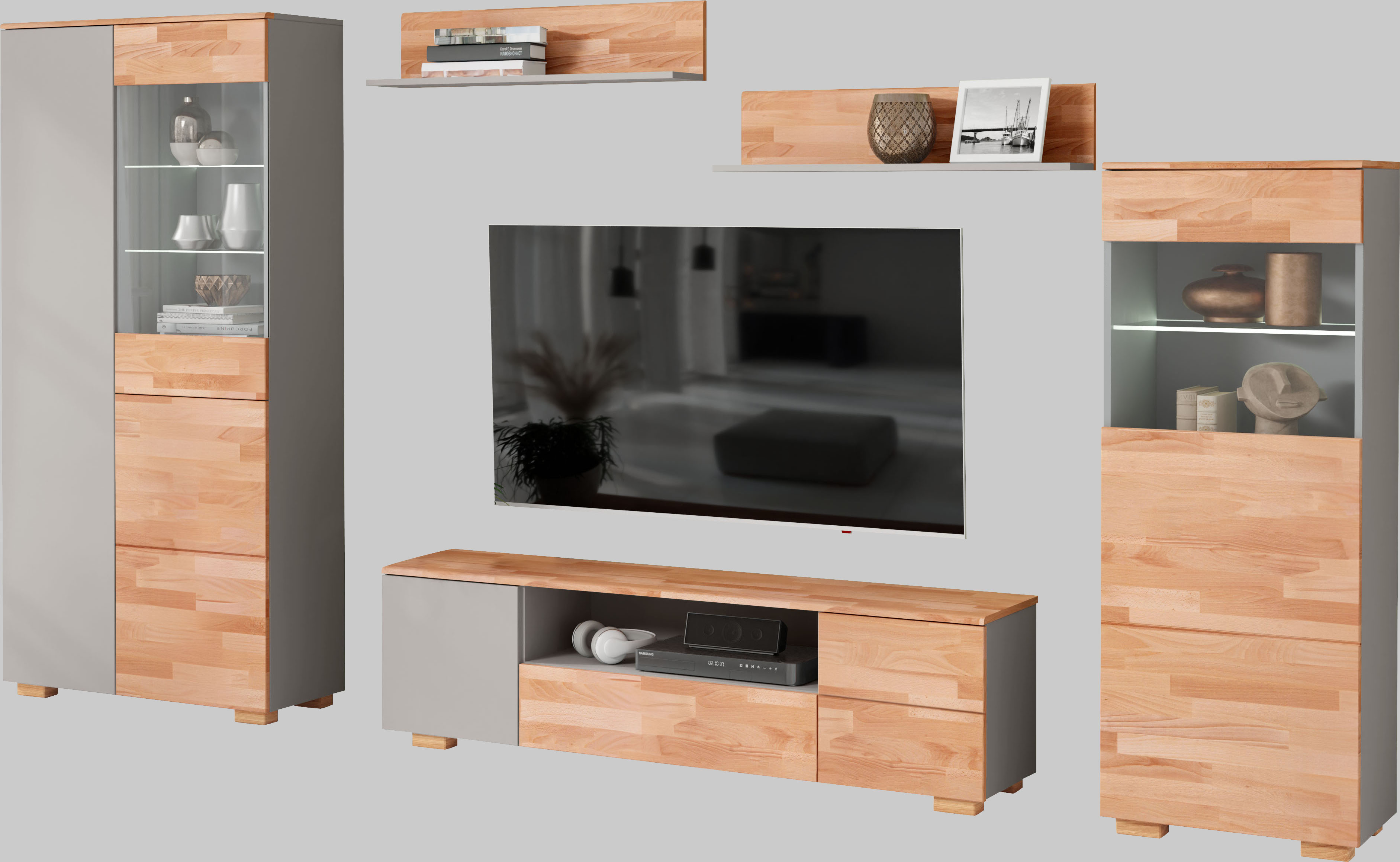 Wohnwand OTTO HOME, braun (braun und grau), B:305cm H:185cm T:35cm, Holzwerkstoff, Massivholz, Kastenmöbel-Sets, Wohnwand, schöne moderne Optik