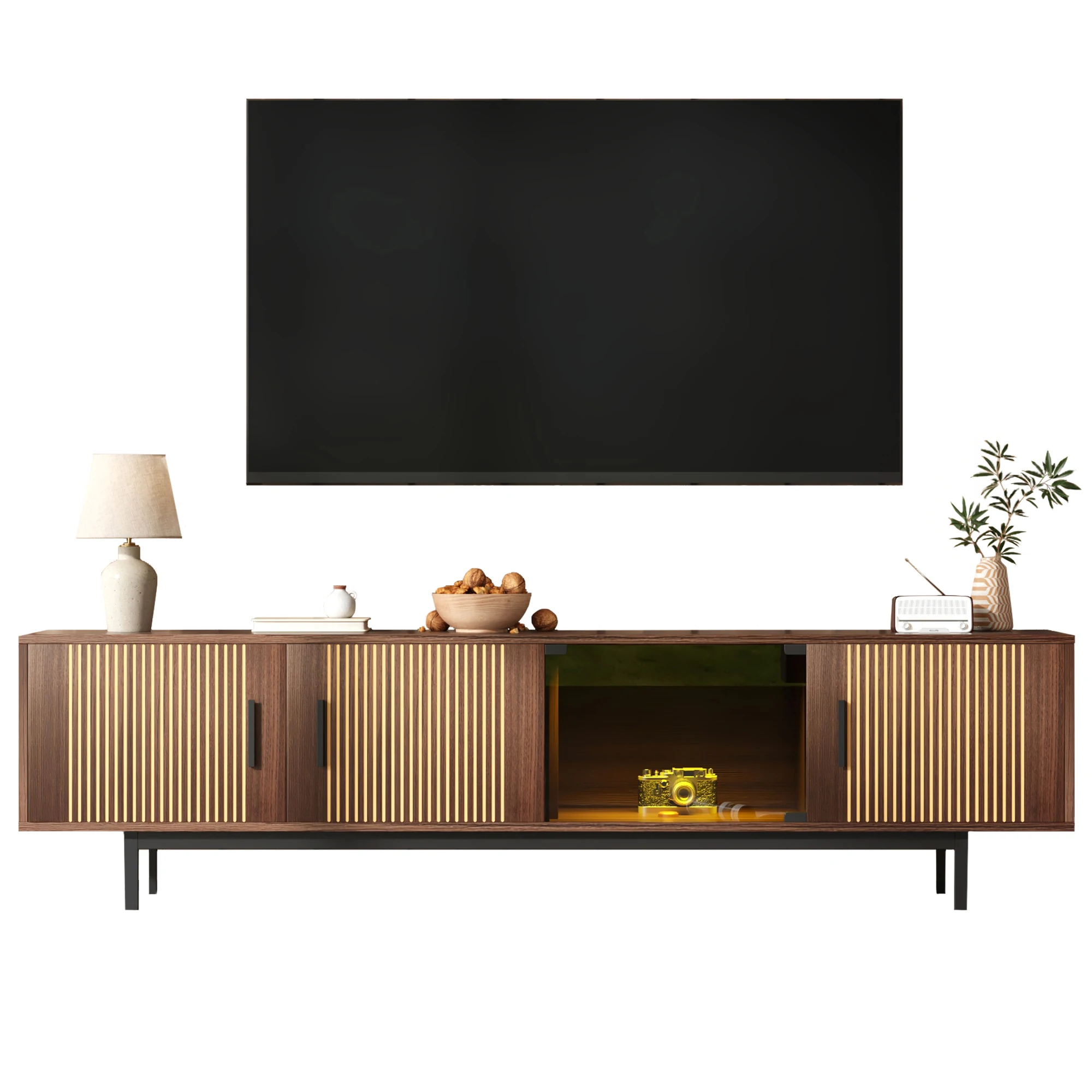 Meuble TV, meuble bas avec texture sculptée, meuble TV avec bande lumineuse LED et porte en verre trempé.