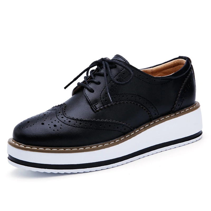 Echtem Leder Schuhe Frauen Wohnungen Oxford Lace Up Striped Plattform Weiß Schwarz Mode Vintage Plattform Brogue Schuhe Frau