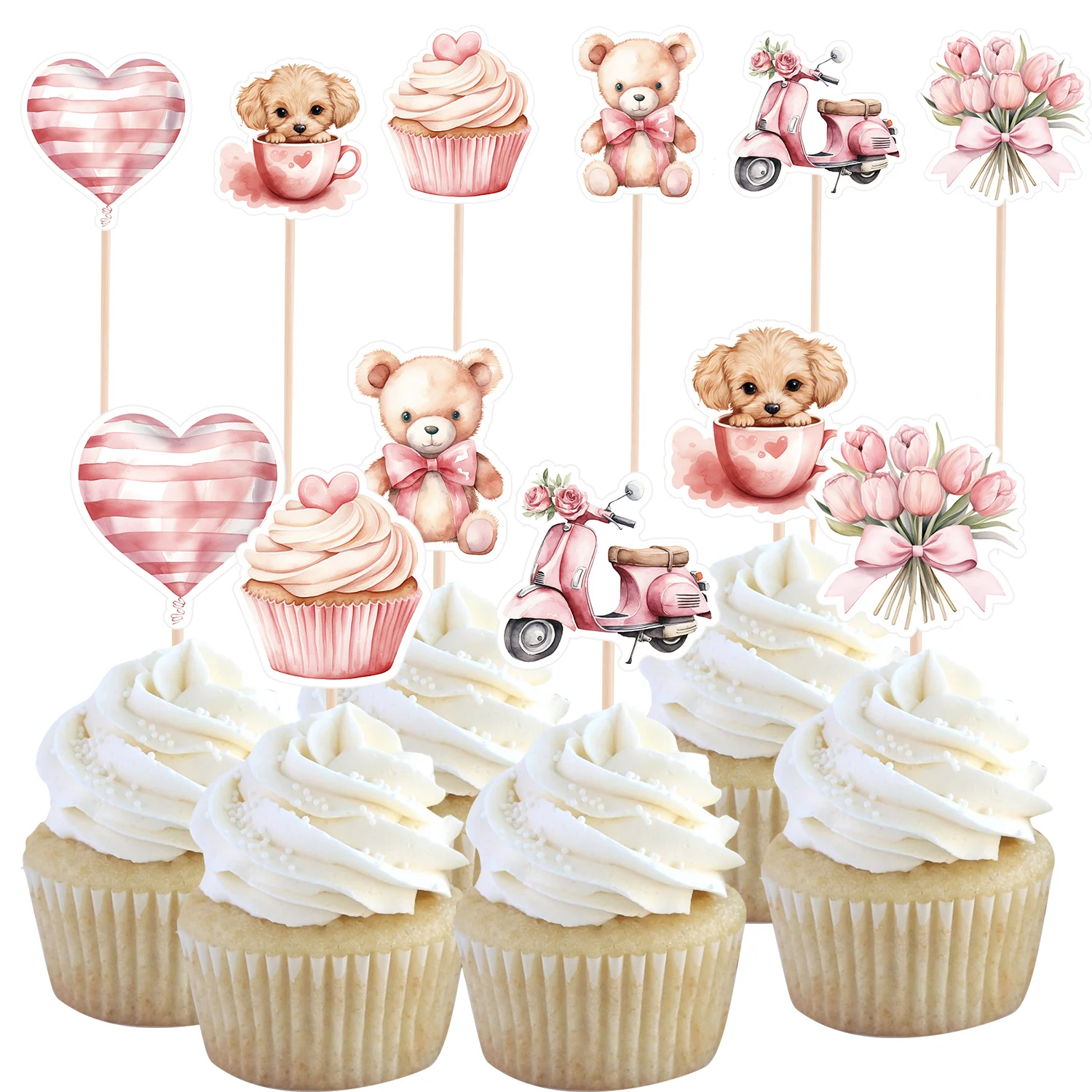30 teile/satz Valentinstag Cupcake Topper Cartoon Bär Rosa Liebe Herz Topper Für Hochzeit Geburtstag Valentinstag DIY Cupcake Dekor Image