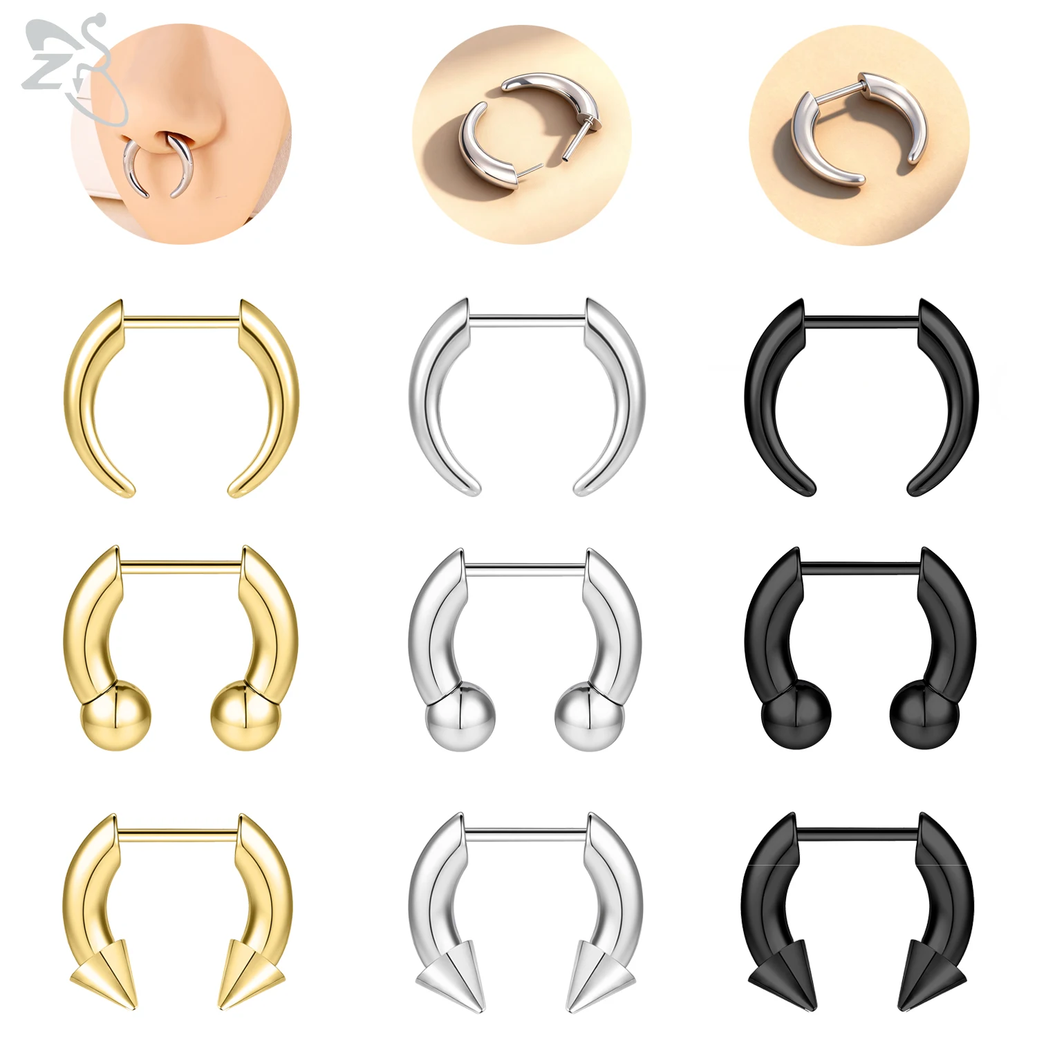 ZS 1PC 16G Buffalo Horn Nasenpiercing Edelstahl Pincher Plug In Septum Ring Keil Expander Gold Farbe Nasenring 8mm