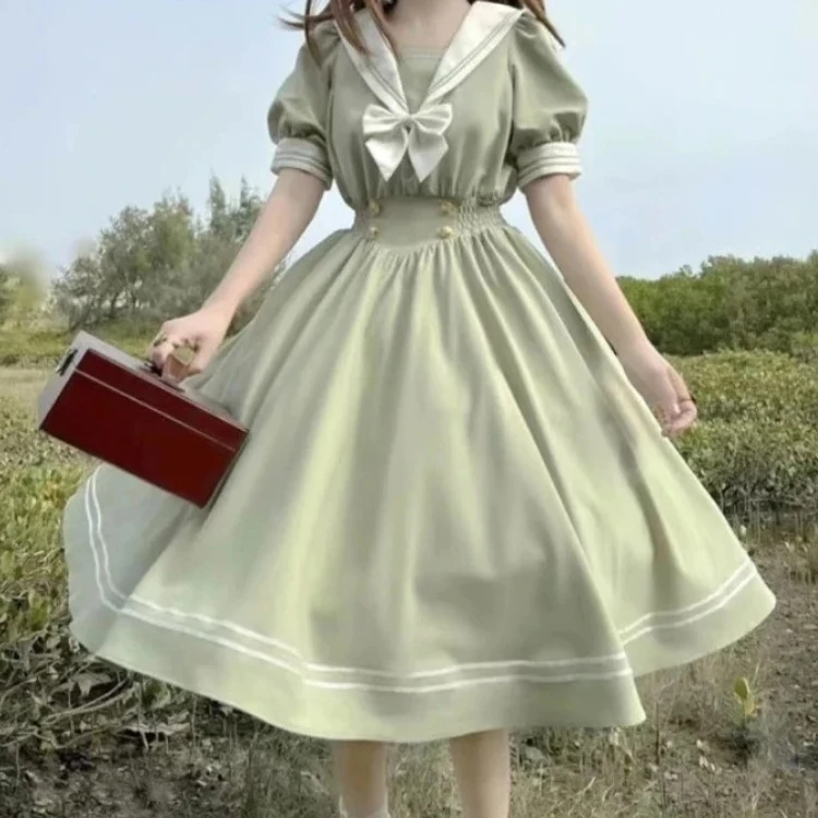 Japanische Vintage Kurzen Ärmeln Frauen Nette Lolita Elegante Midi Kleid Süße Dünne Kleider Abend Party Retro Koreanische Mode Frühling Image