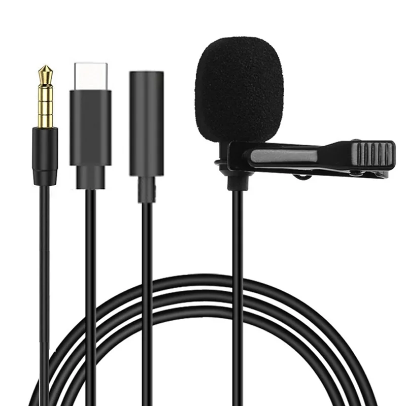 Mini microfono lavalier portatile da 1,5 m a condensatore clip-on microfono da bavero cablato USB 3,5 mm tipo C per fotocamera DSLR per PC portatile