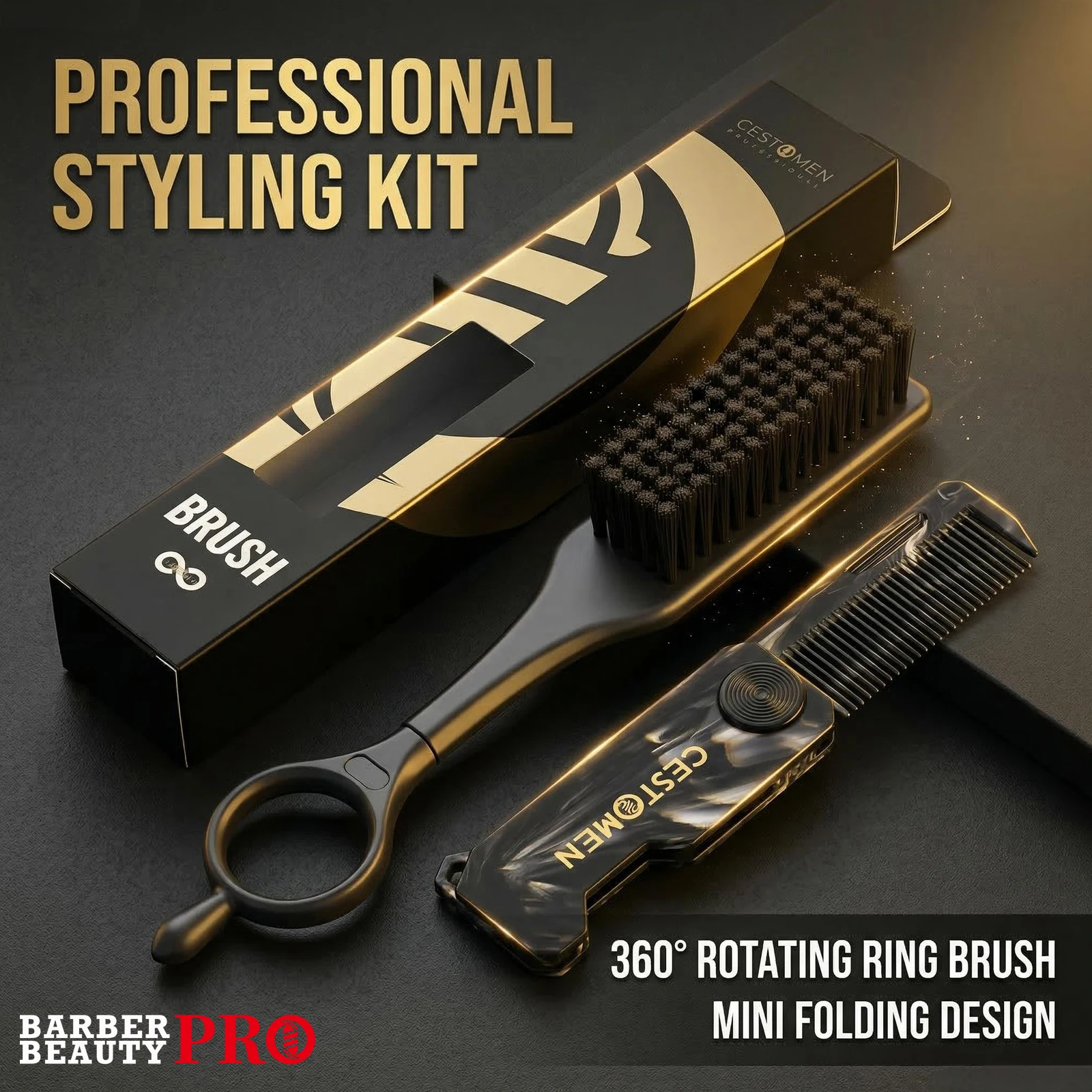 Set spazzola per capelli da barbiere da 2 pezzi e mini pettine per barba pieghevole - Professionale 360 ° Pettine tascabile con spazzola per sbiadimento ad anello girevole per barba da uomo