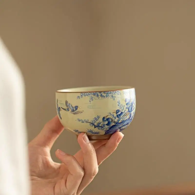 Song-Dynastie-Stil Ru Ofen Keramik Teetasse Elster Pflaumenblüte Design Zen Gongfu Teegeschirr Premium handgefertigt für Teeliebhaber Geschenk Image