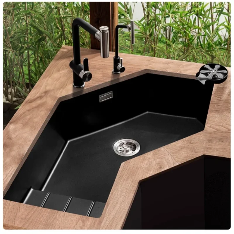 Heiße Verkäufe, rautenförmiges Eckwaschbecken, großes Waschbecken aus Quarzstein, unregelmäßig geformtes Gemüsewaschbecken für die Küche, Granit-Geschirrspülmaschine