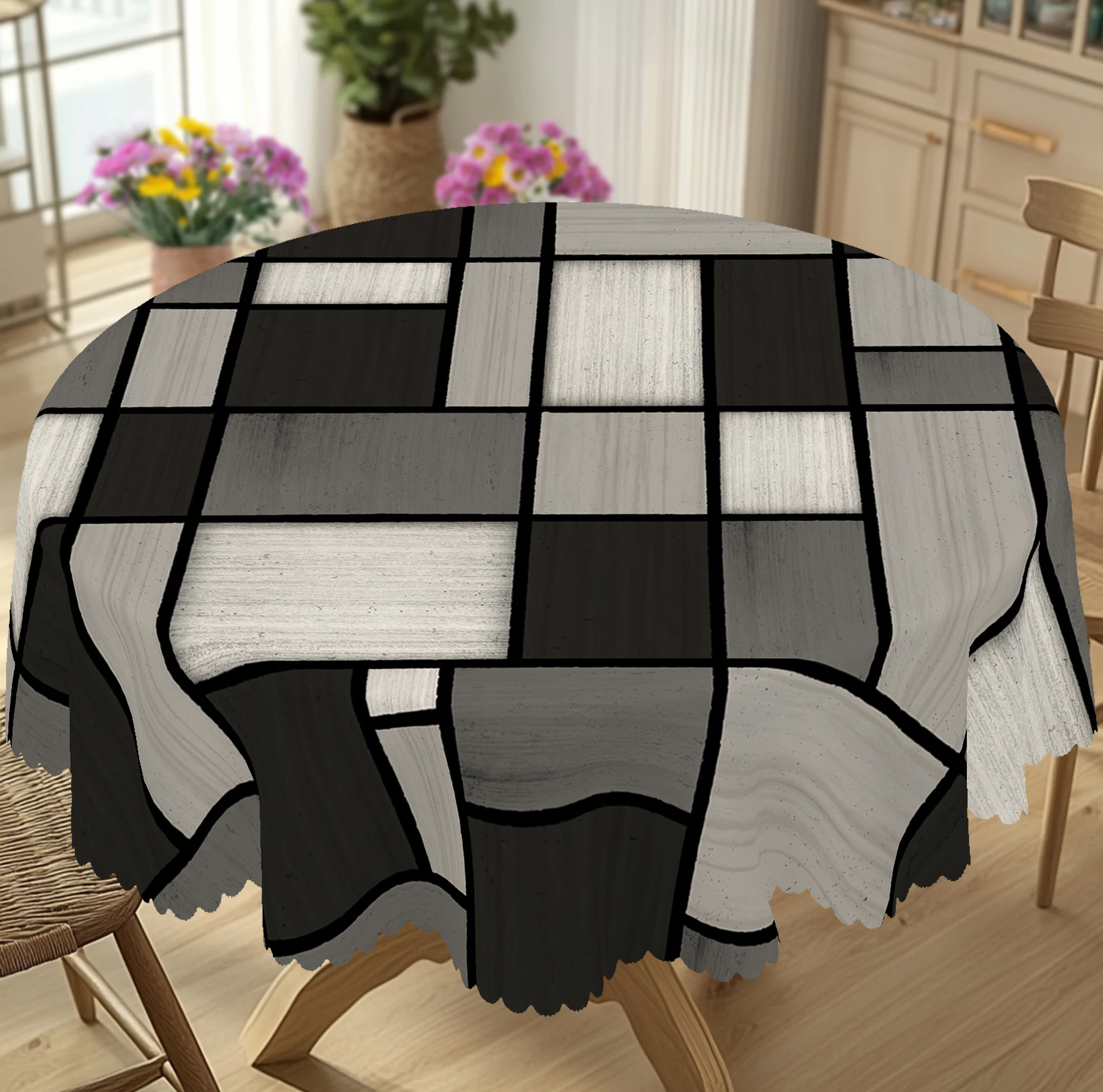 1-teilige rechteckige Sommer-Tischdecke im Bohemian-Stil, runde Tischdecke mit schwarz-weißem Rautenmuster, Tischdecke für die Heimküche, Innen- und Außenbereich, Heimdekoration, Weihnachtsgeschenk Image