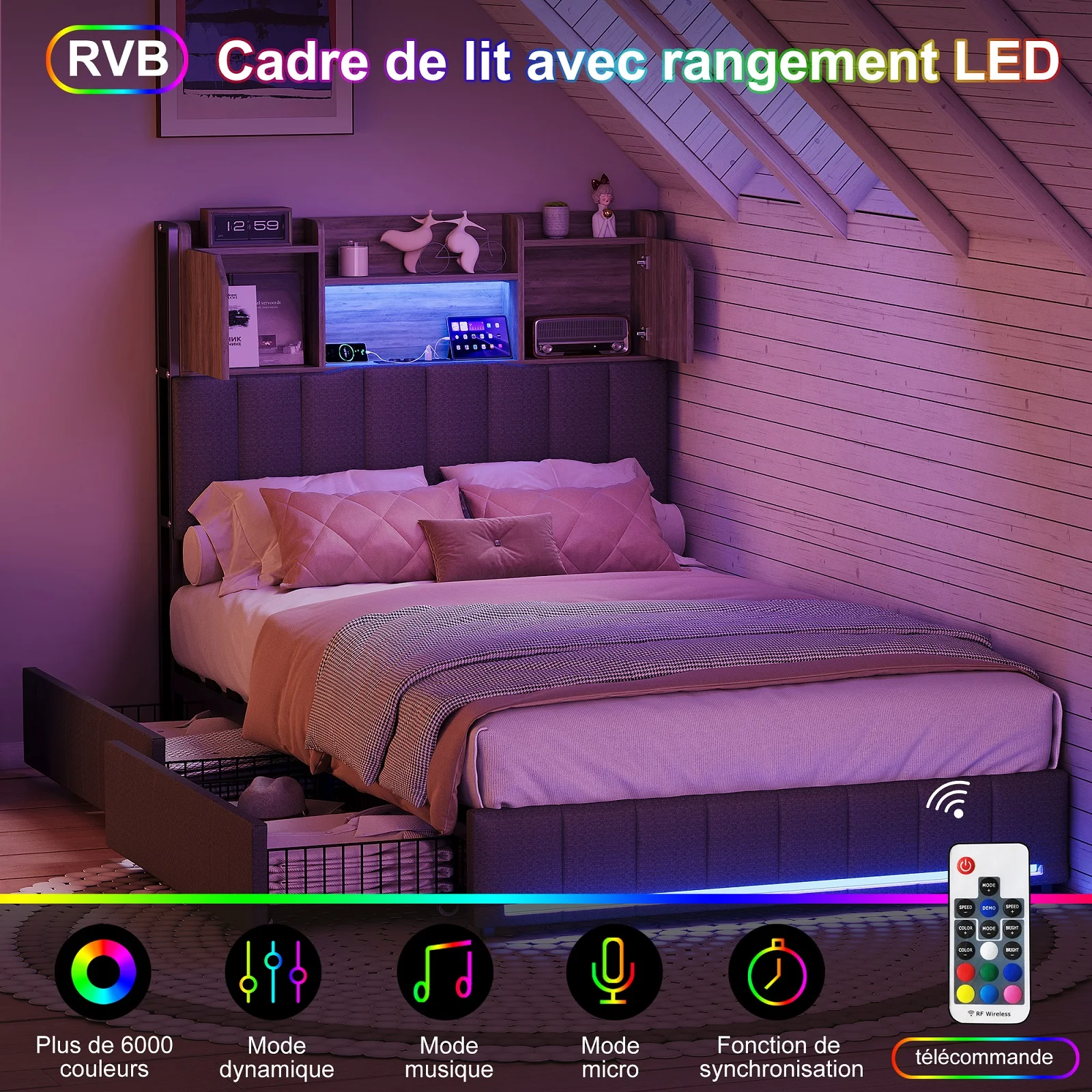 ROSAHQNDA modern Kinderbett mit Schubladen, 90x200 LED-Polsterbett, Einzelbett mit USB-Anschlüssen, Linenbezug, ohne Matratze