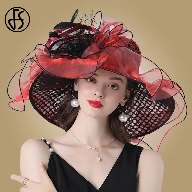 FS Donna Organza Cappelli rossi Fascinators da sposa Elegante grande tesa larga Fedora Kentucky Derby Cappelli Festa formale Chiesa Cappello da donna