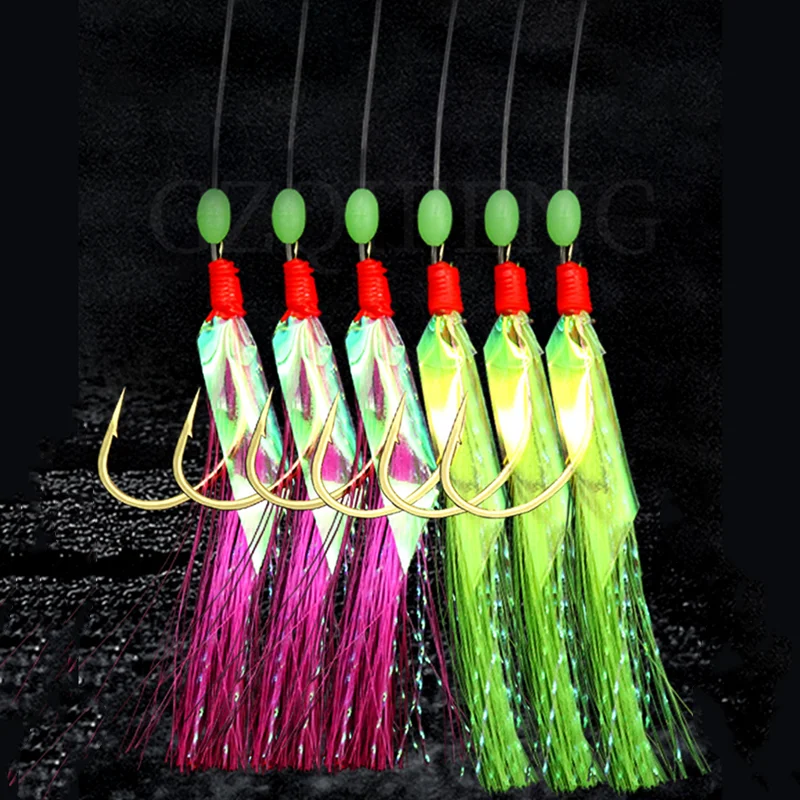 ZYZ Zweifarbige Sabiki-Haken zum Angeln, Fischhaut-Schnurhaken 12 # 14 # 16 # 18 # 20 # 22 # 1Set 6 Haken mit leuchtendem Perlenhaken mit Widerhaken Image