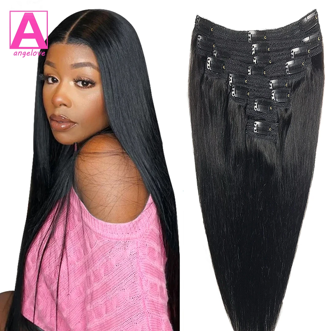 Gerade Clip-in-Echthaarverlängerungen, natürliches Schwarz, 100 % Echthaar-Set mit 18 Clips, Doppelschuss-Haarverlängerung für Damen Image
