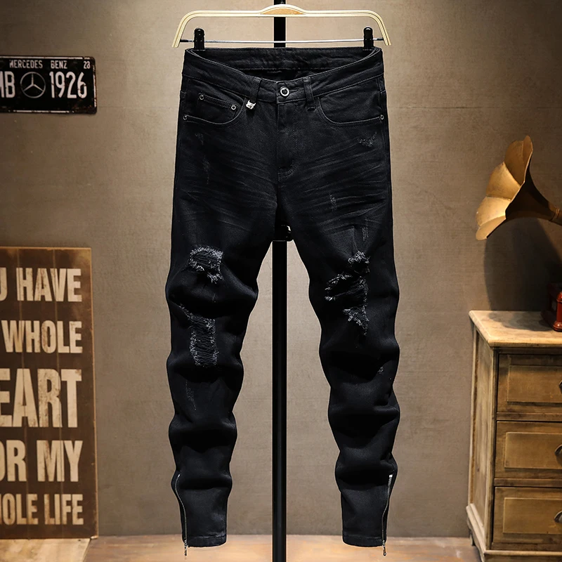 Y2K Straße Designer Mode Männer Jeans Schwarz Stretch Slim Fit Loch Zerrissene Jeans Männer Unten Zipper Hip Hop Punk Denim Hosen hombre