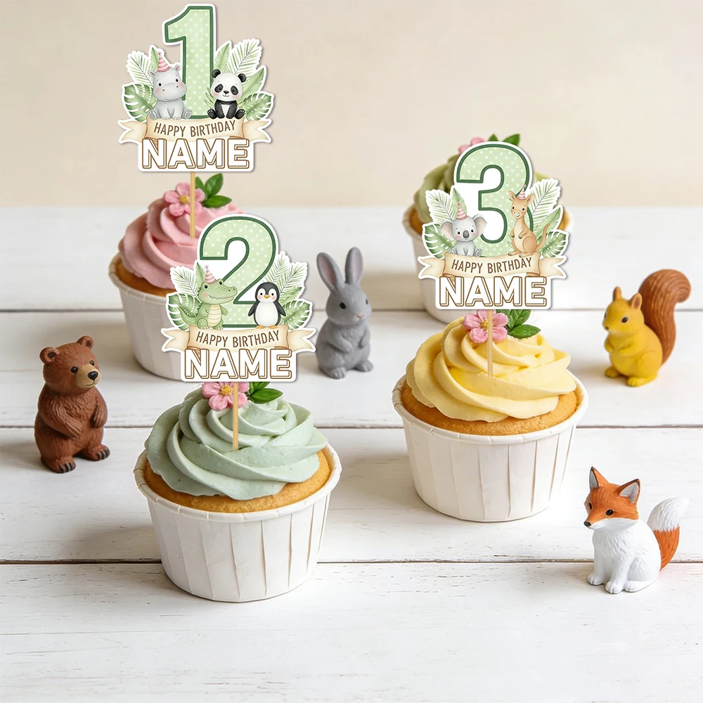 6 stücke Benutzerdefinierte Name Dschungel Tier Party Kuchen Topper Kinder Geburtstag Kuchen Dekoration Dschungel Themen Party Liefert Baby Dusche Gefälligkeiten Image