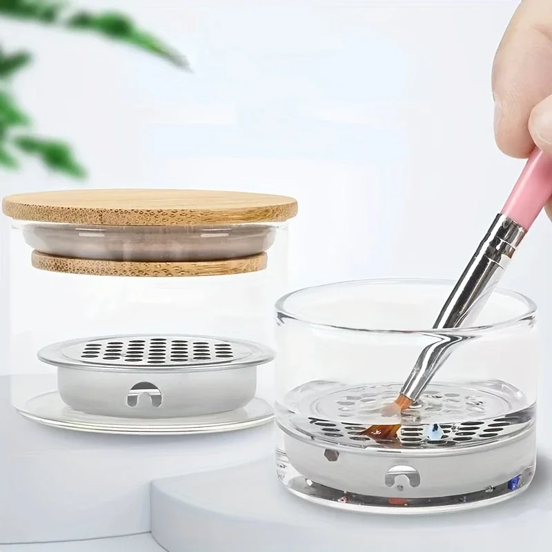 1 Stück Glas-Nagel-Glitzer-Bürstenbecher mit Deckel, Edelstahl-Mesh-Filterschicht für die Reinigung von Gel-Pinseln, multifunktional Image