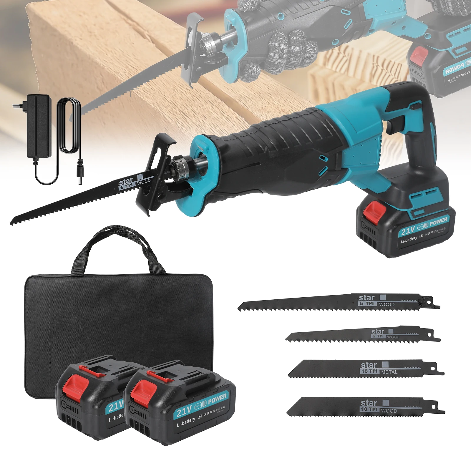 10000SPM Leistungsstarke Dual-Voltage-Akku-Säbelsäge, kompatibel mit Makita 21V-Batterien, tragbares Akku-Schneidwerkzeug Image