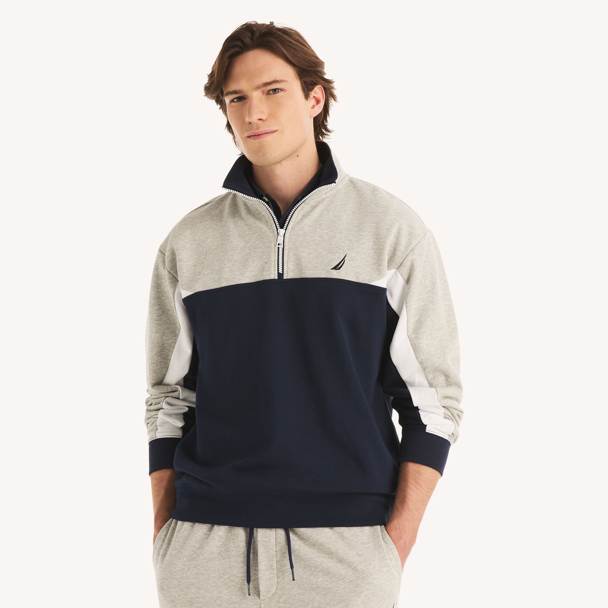 Nautica Men's Quarter-Zip Colorblock Sweatshirt 060 (Grey Heather), XL