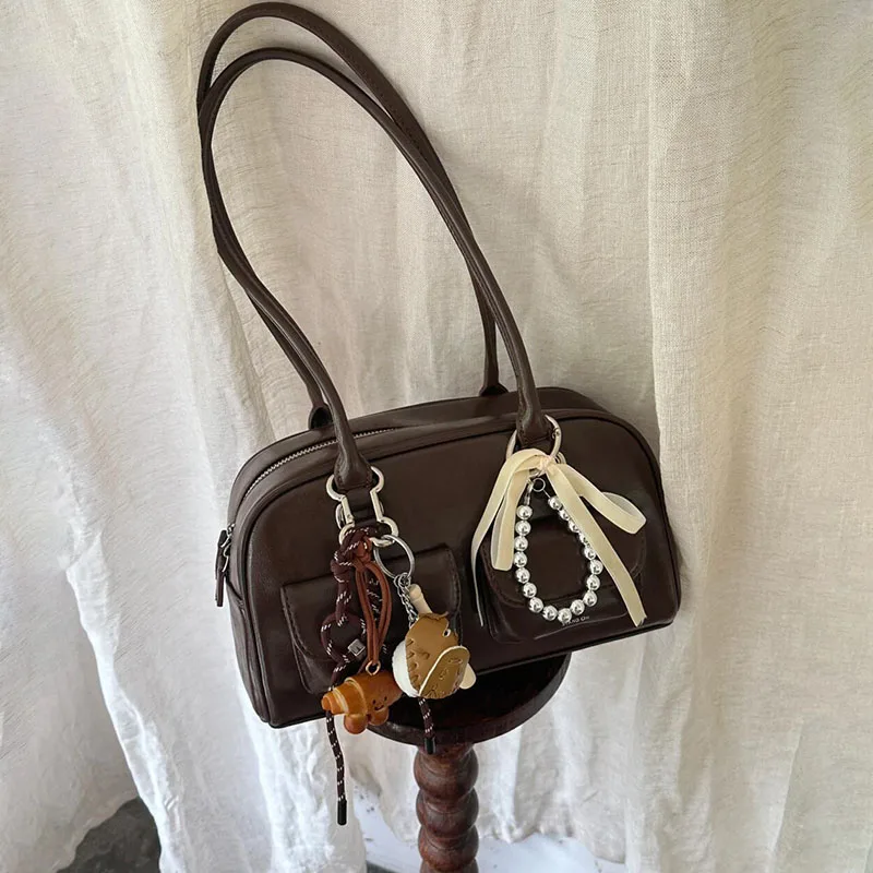 Nuova borsa da bowling marrone di grande capacità Borsa a tracolla da donna Borsa di tendenza moda autunno inverno stile retrò coreano INS