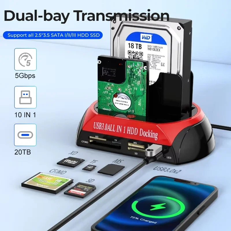 All IN 1 Dual-Bay-Festplattenstation USB3.0 2.0 5 Gbit/s HDD SSD-Docking mit 12 V Netzteil für 2,5/3,5 Zoll HDD/SSD TF-Karte Image