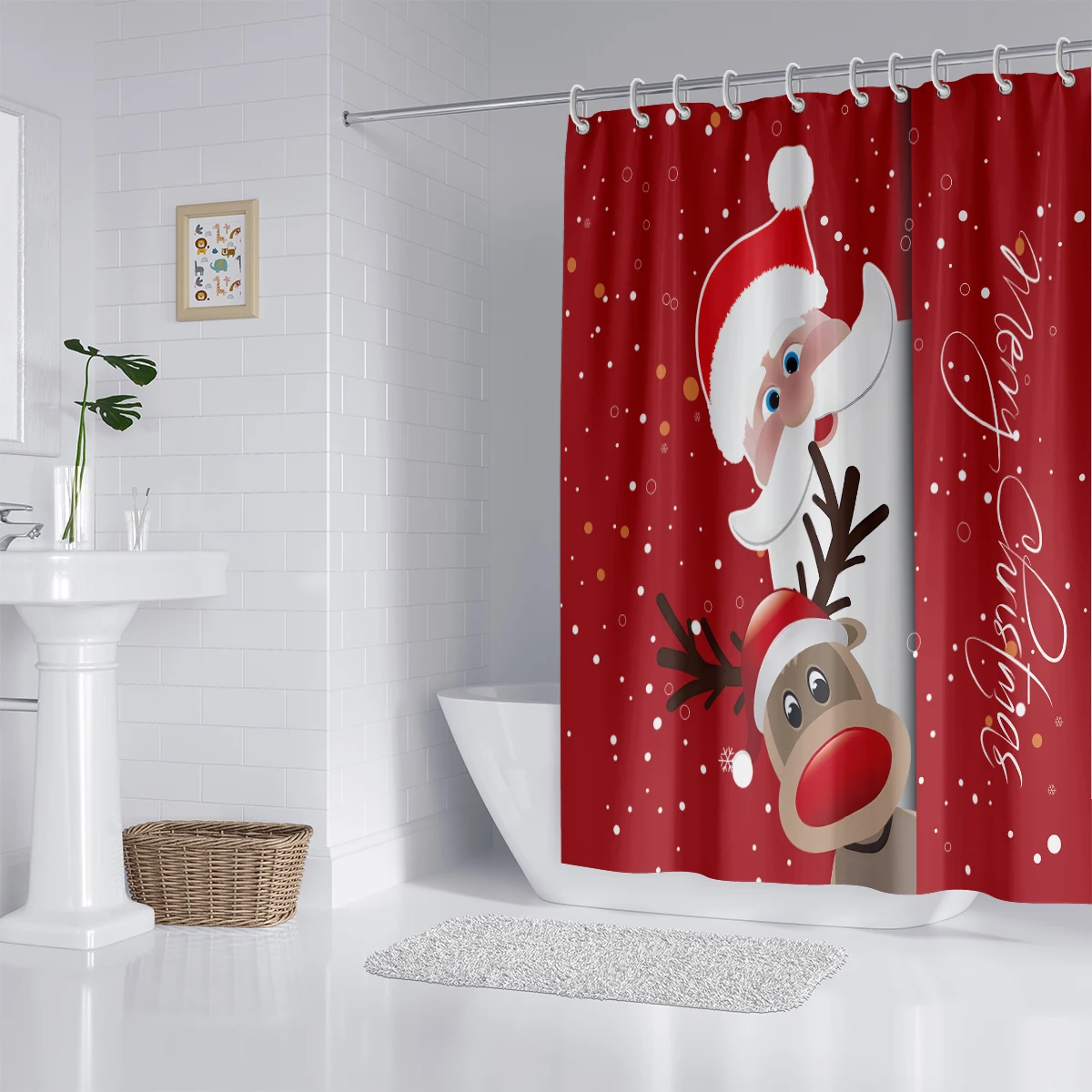 1 x Weihnachtsmann- und Rentier-Druck, wasserdichter Duschvorhang, Duschtrennwand, Hängevorhang, Türvorhang mit 12 Haken Image