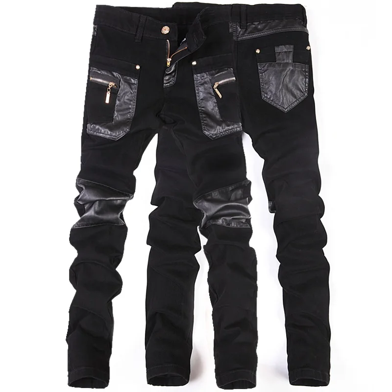Neue Mode Männer Leder Hosen Patchwork Beiläufige Dünne Männer der Motorrad Jeans Hohe Qualität männer Slim Hosen Jeans Größe 28-36