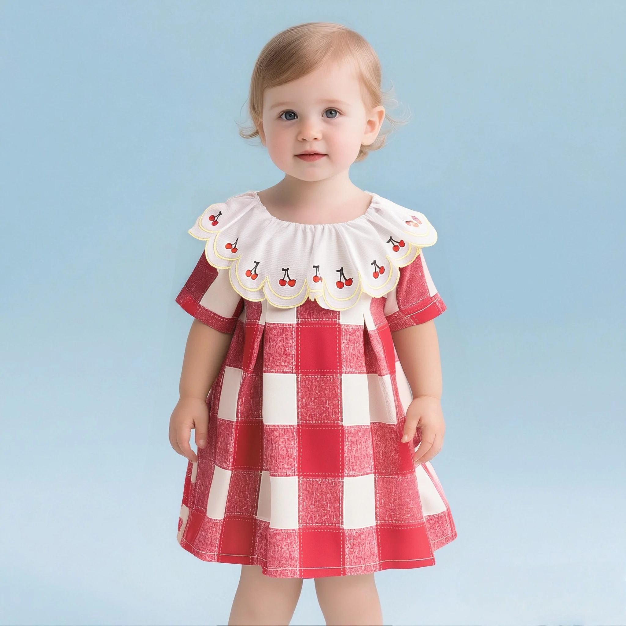 Baby Mädchen Kleider Sommer Neue Kurzarm Mädchen Kleidung Plaid Revers Süße Kirsche Drucken Casual Kleider Für Mädchen Image